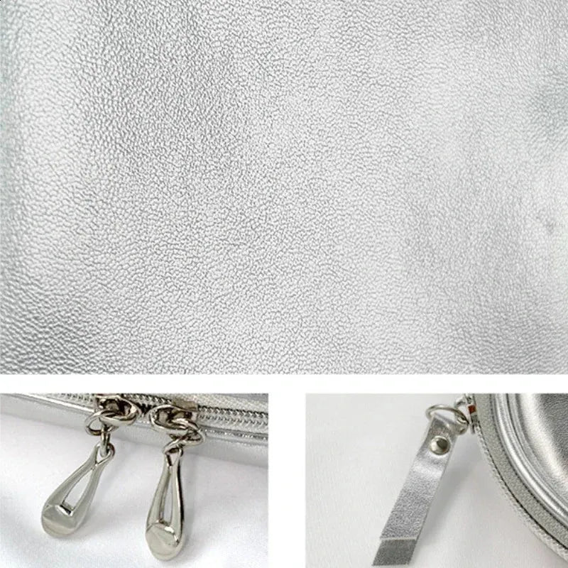 Clutch cosmetic bag held in hand to demonstrate portable size and design