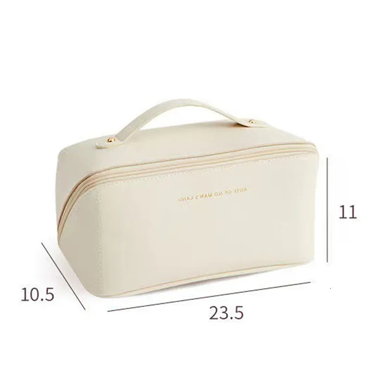 Cosmetic bag displayed alongside makeup items demonstrating storage capacity