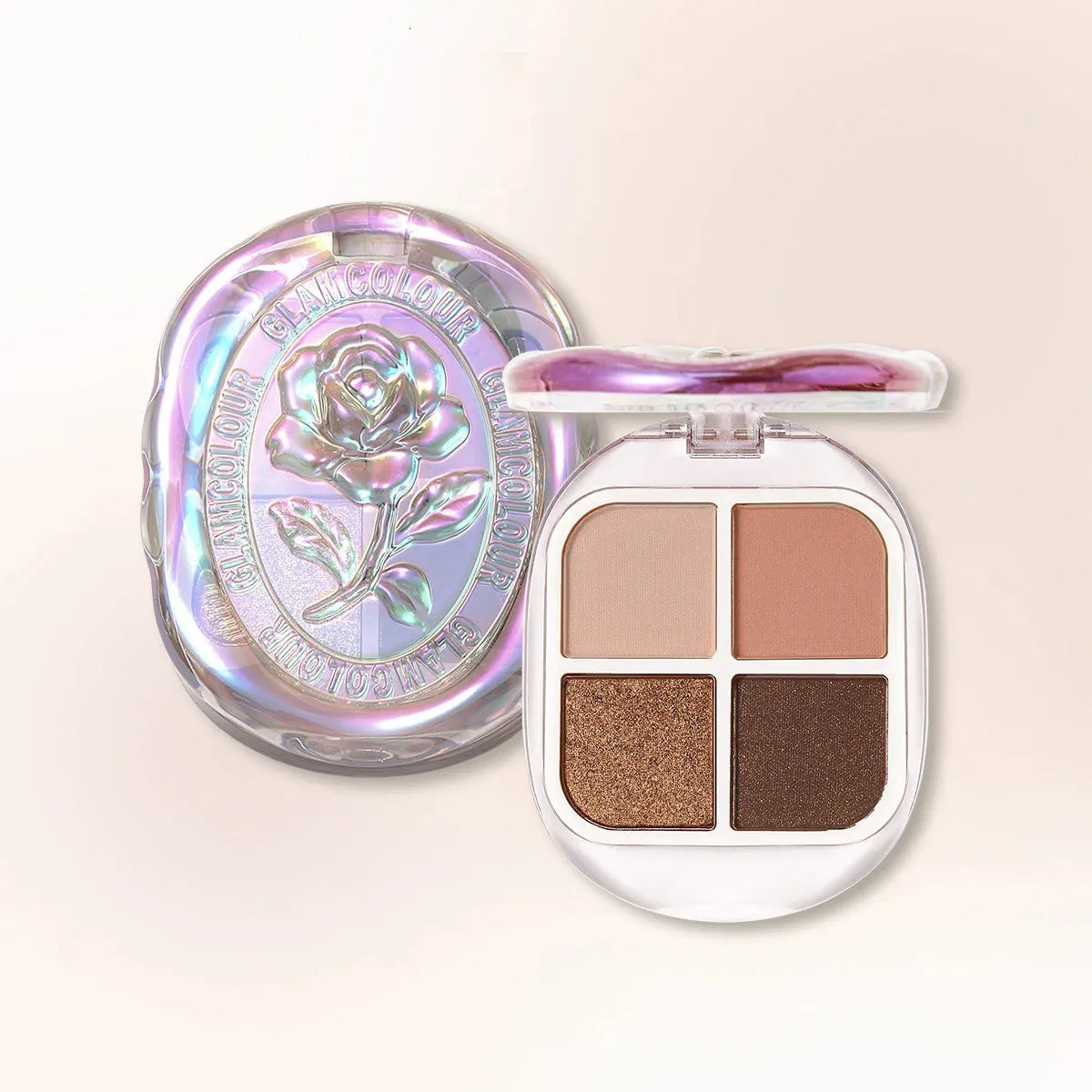 Open eyeshadow palette showing shimmer and matte shades