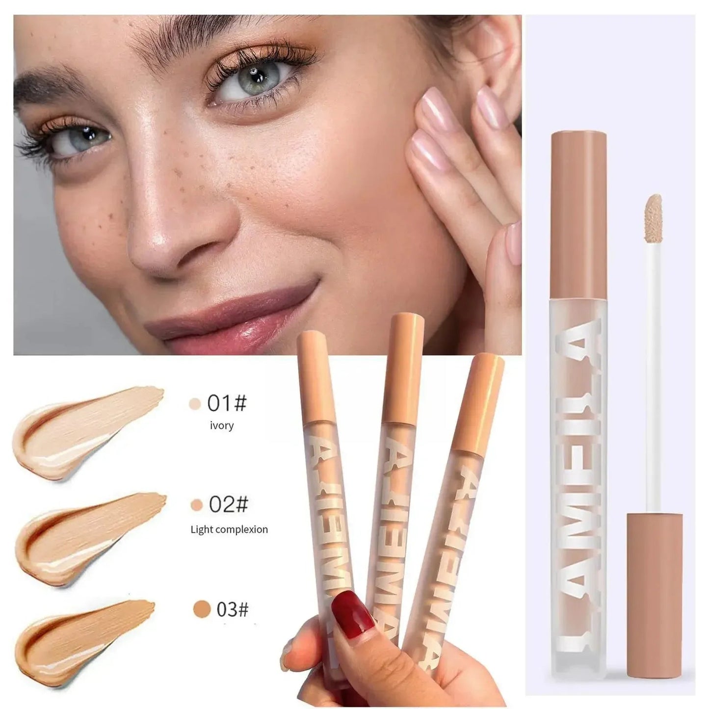 Close-up view of concealer shades being applied to skin