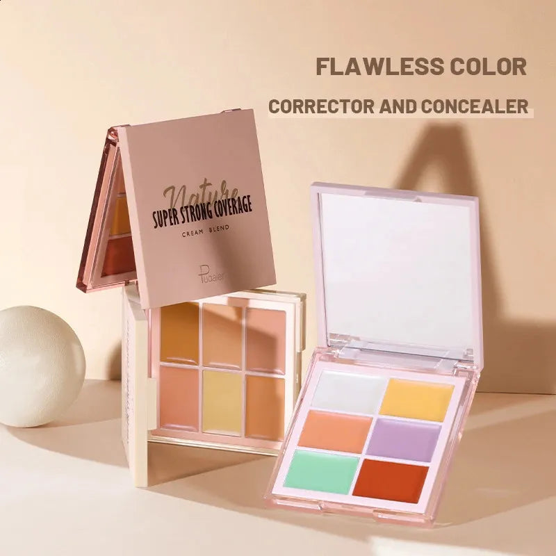 Concealer palette with applicator tool demonstrating three usage techniques