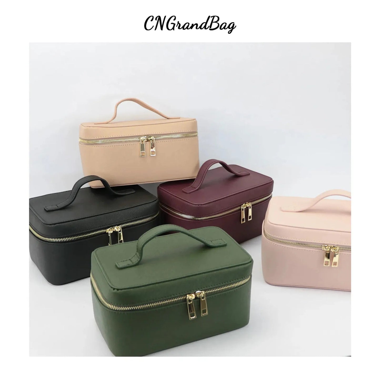 Side view of toiletry case demonstrating portable size and hanging hook