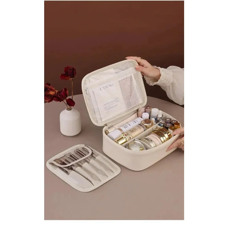 Side view of the cosmetic tote highlighting its sleek and portable design