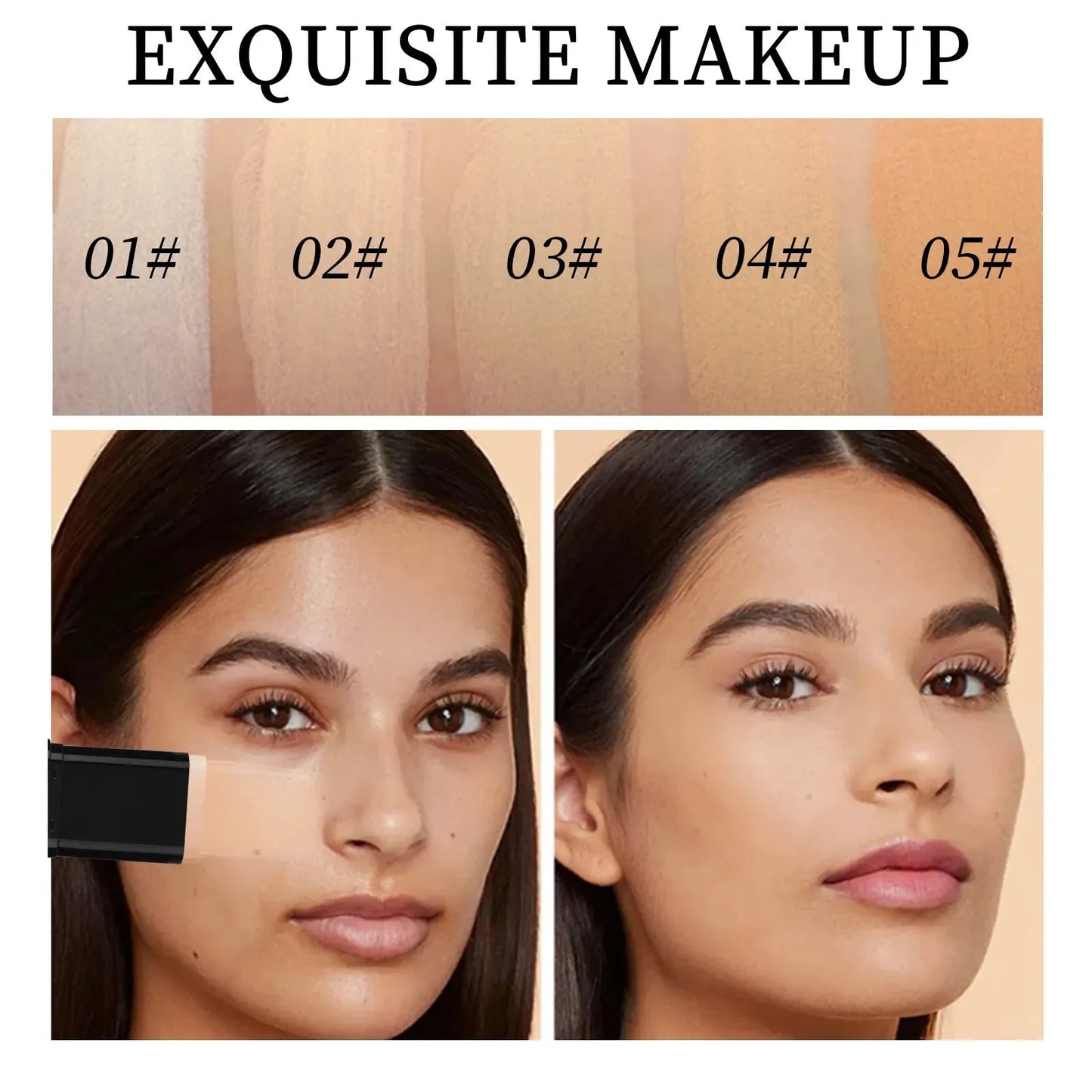 Makeup stick displayed alongside available shade options on neutral background