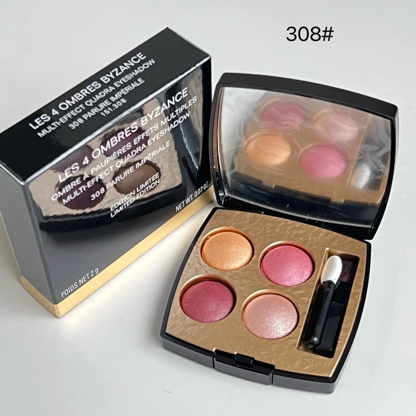 Close-up view of eyeshadow palette with waterproof formula details