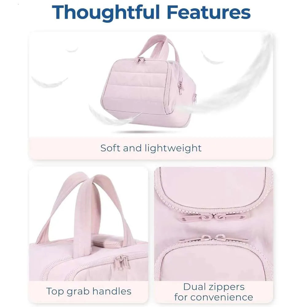Quilted cosmetic bag showing interior organization features