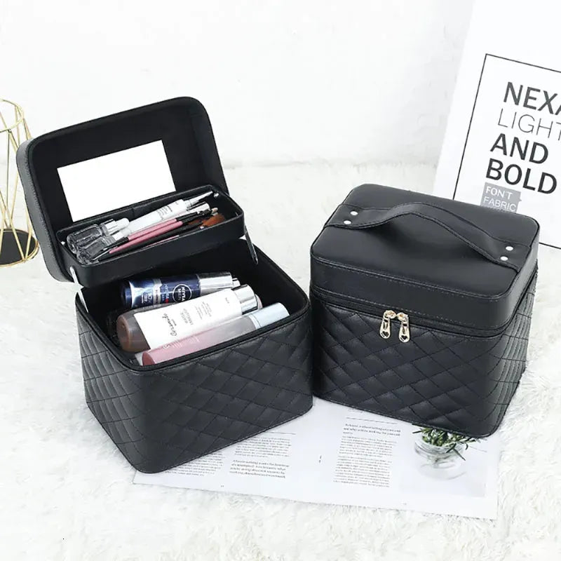 Open makeup bag displaying interior compartments and storage space