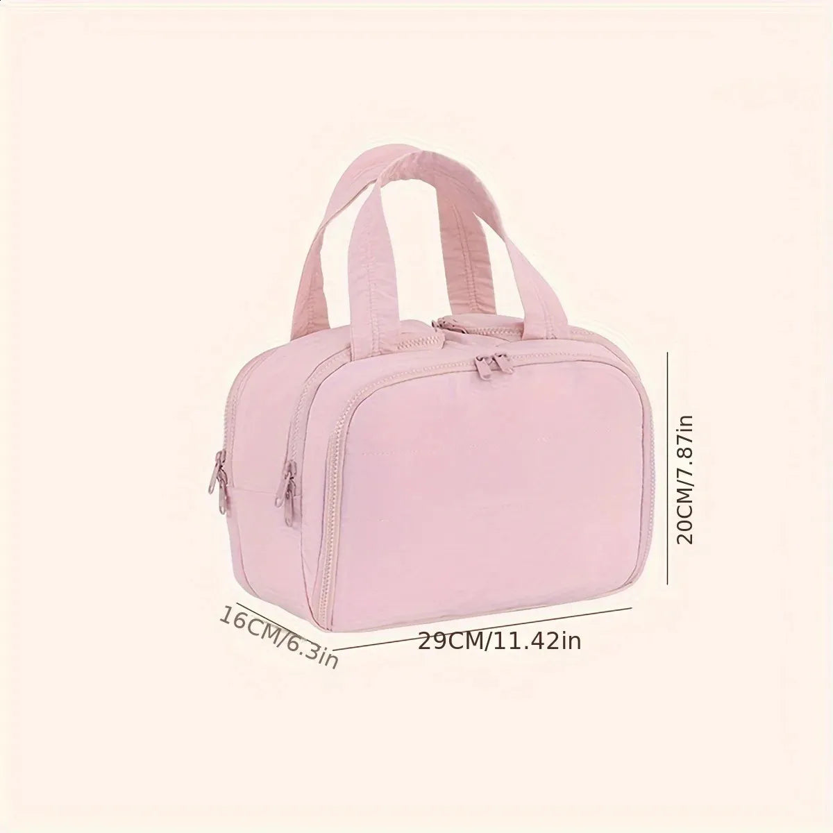 Cosmetic storage bag in use with makeup and toiletry items organized inside