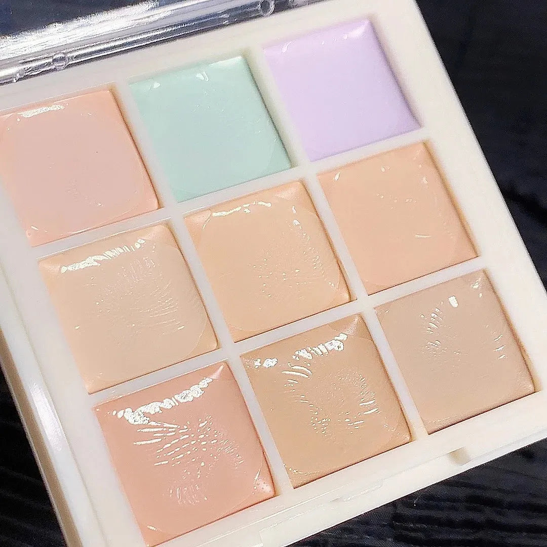 Makeup palette with mirror and nine color options for facial coverage and contouring