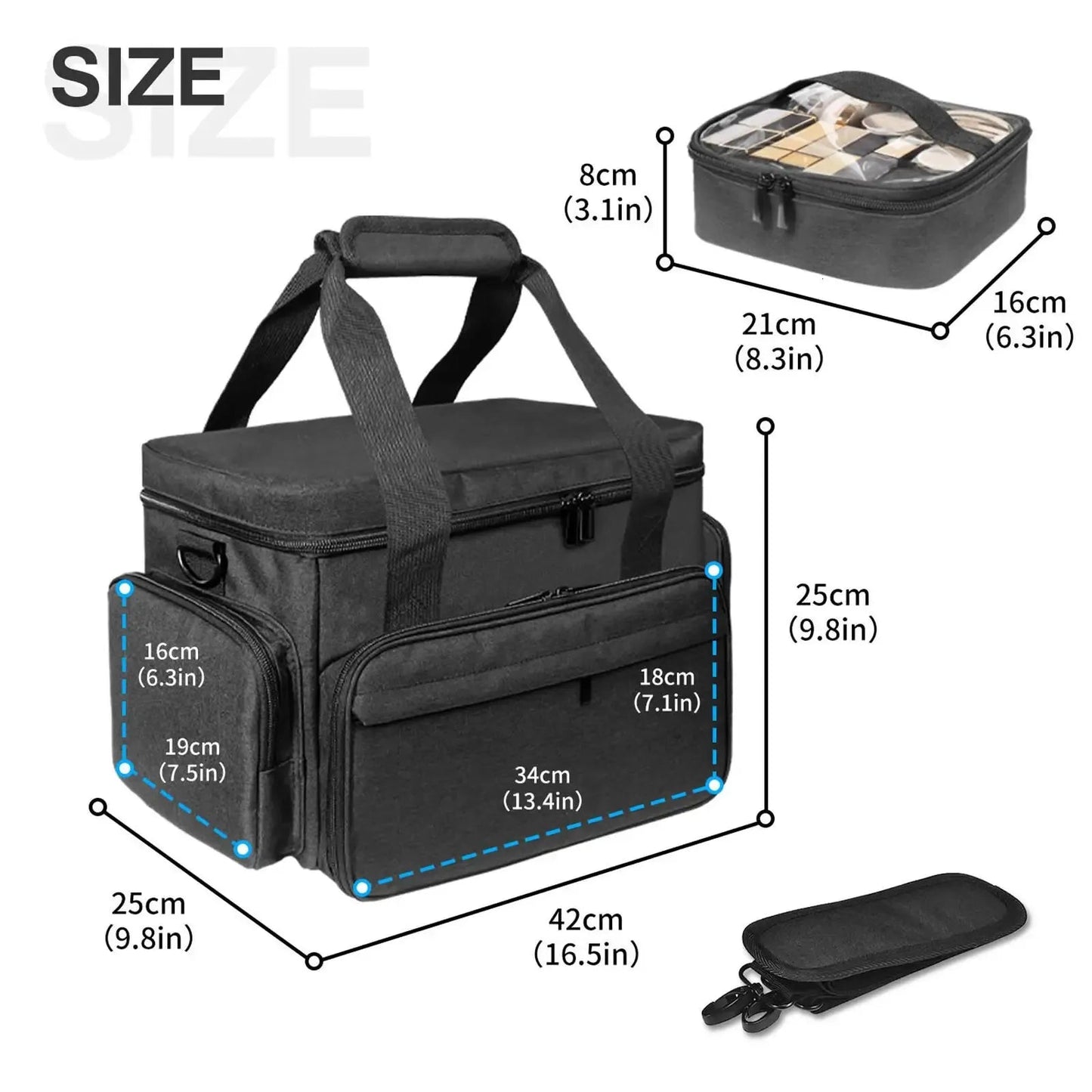 Cosmetic bag with handle being carried to demonstrate portability