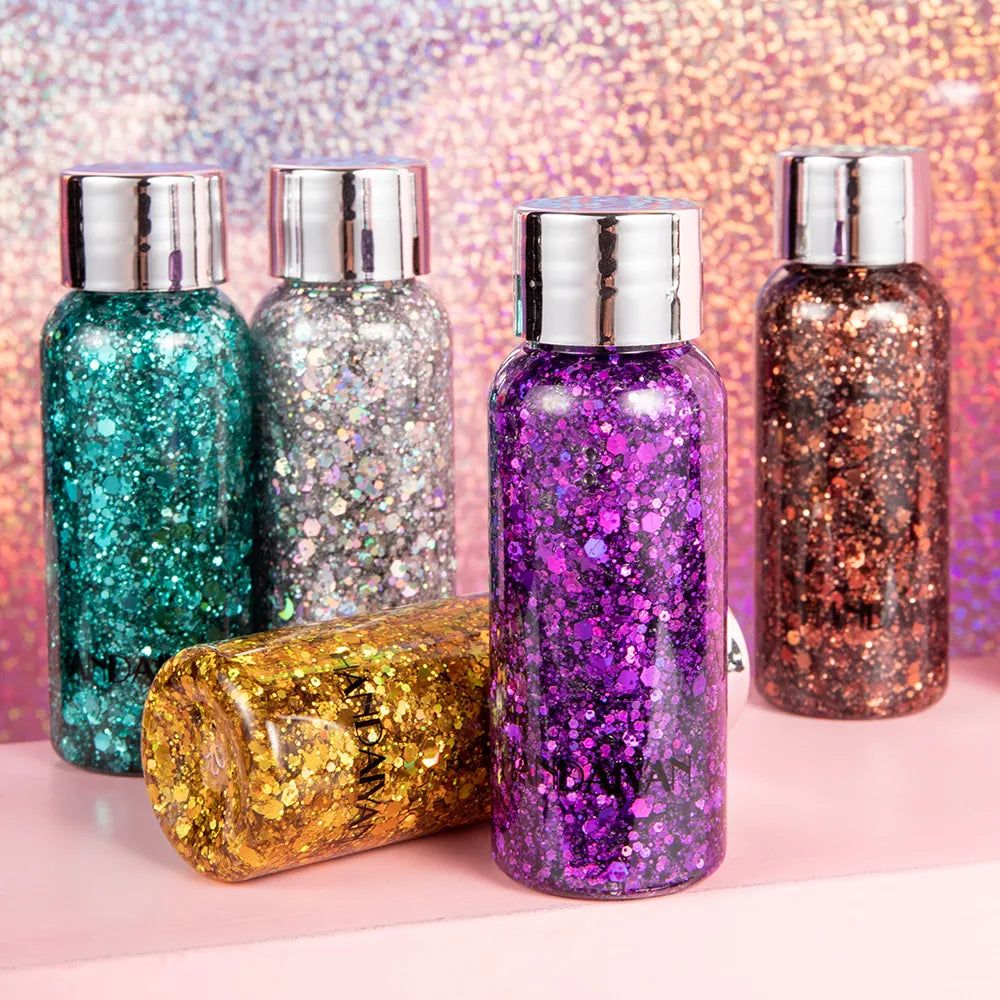 Multipurpose glitter gel with laser sequins in eight color options displayed