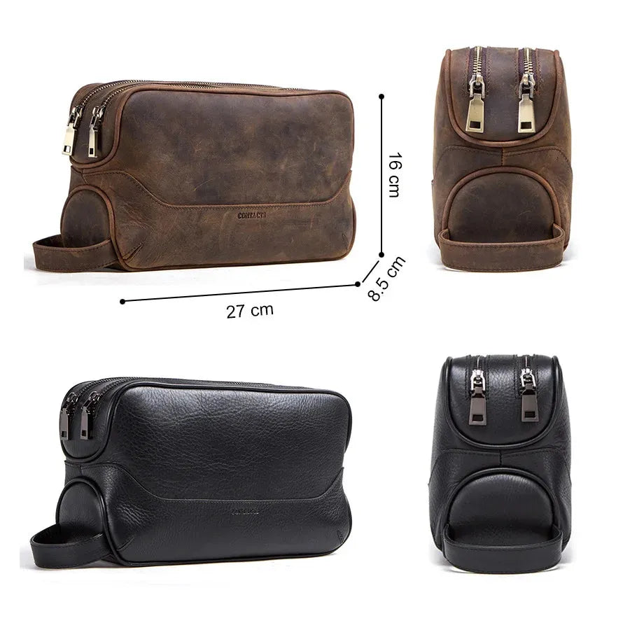 Leather toiletry bag in coffee color displayed with travel accessories