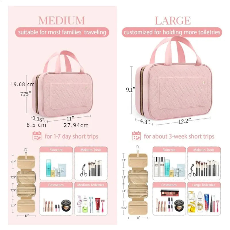 Toiletry bag hanging in bathroom setting with hook feature visible