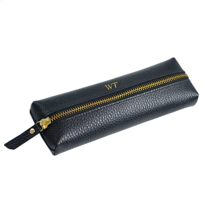 Genuine pebble leather pen box with zipper closure shown closed