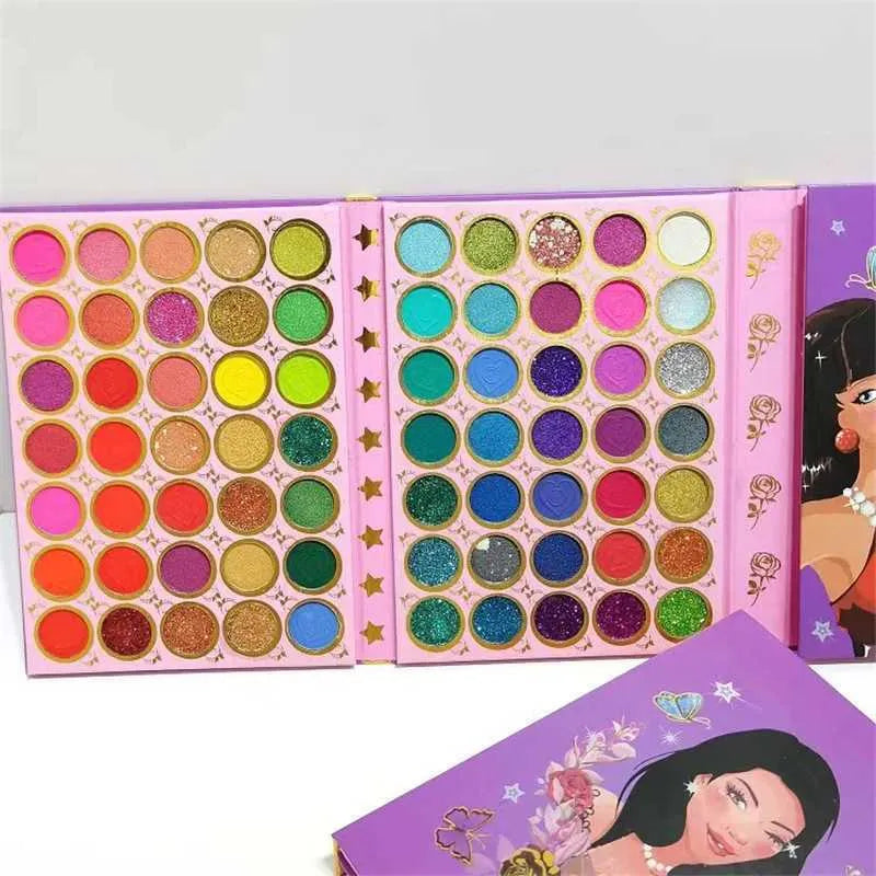 Close-up view of matte and shimmer eyeshadow colors in the palette