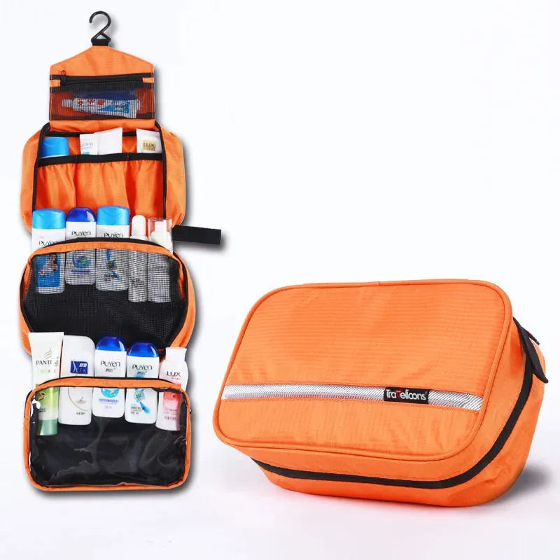Waterproof travel cosmetic case displayed with toiletry items for scale