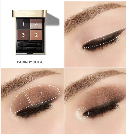 Waterproof eye shadow quad with shimmery pigment powder in open packaging
