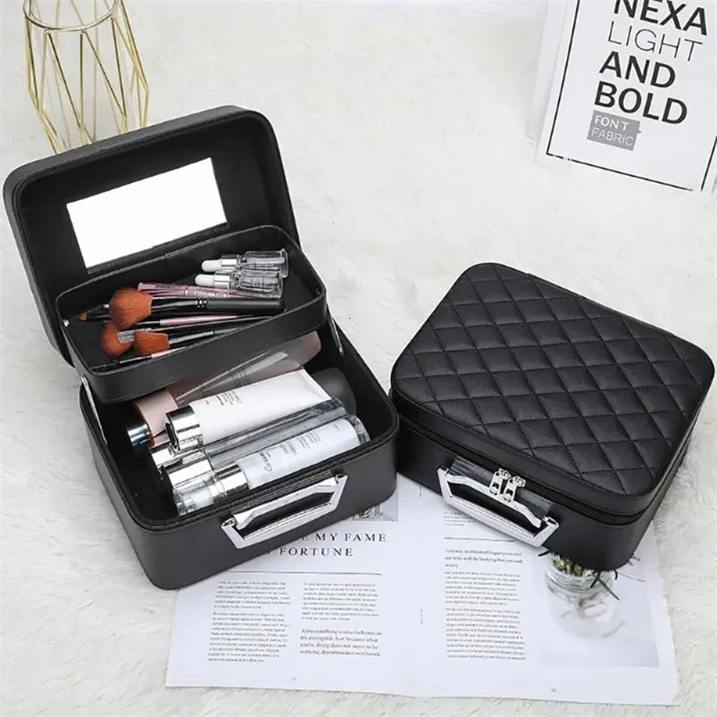 Open makeup bag displaying interior compartments and storage space