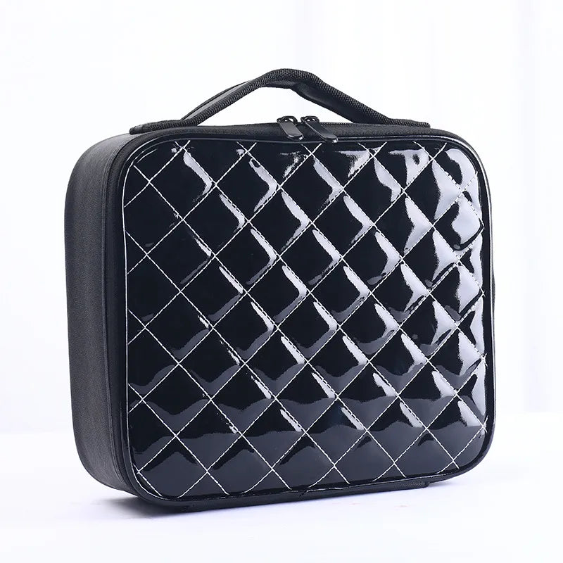 Open interior showing partition layout of the makeup bag