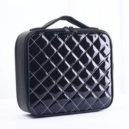Open interior showing partition layout of the makeup bag