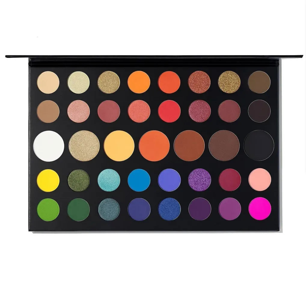 Matte eyeshadow palette showing 39 earthy color shades in a compact case