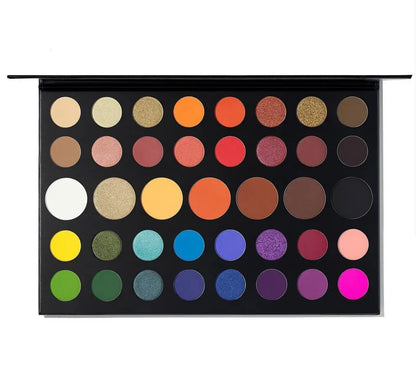 Matte eyeshadow palette showing 39 earthy color shades in a compact case