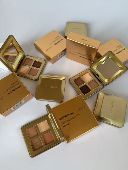 Close-up view of shimmery eyeshadow colors in compact palette
