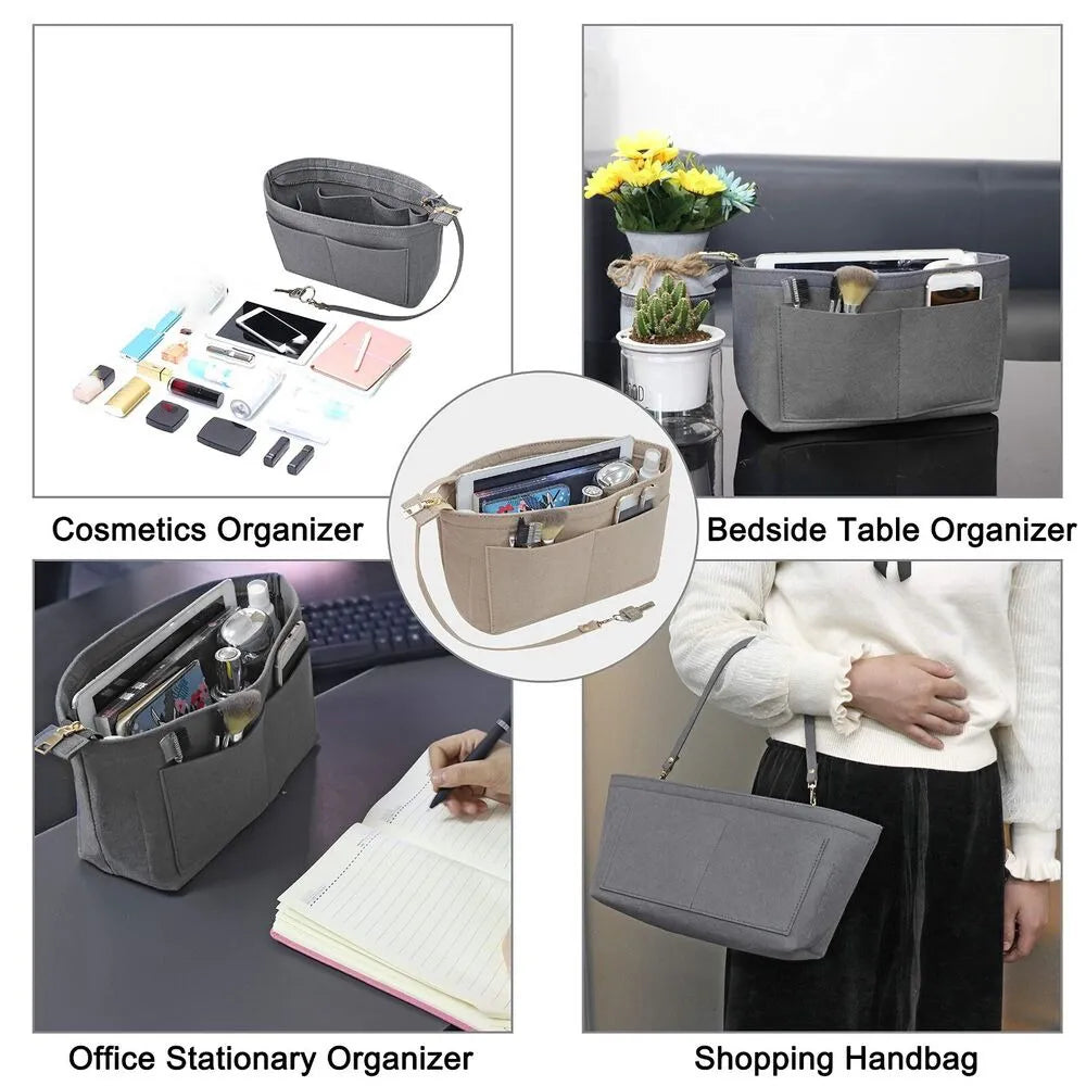 Close-up view of the felt material and interior pockets of the organizer