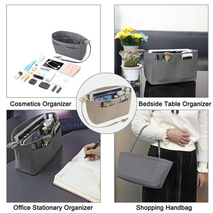 Close-up view of the felt material and interior pockets of the organizer