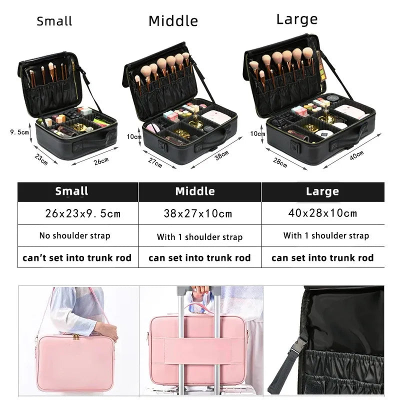 Cosmetic bag in use with makeup and toiletry items inside