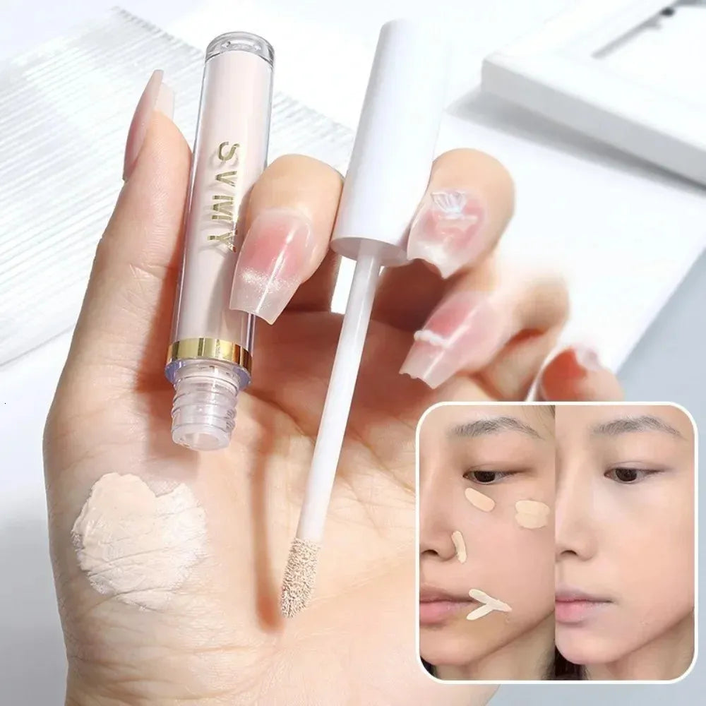 Hand holding concealer stick demonstrating application to facial area