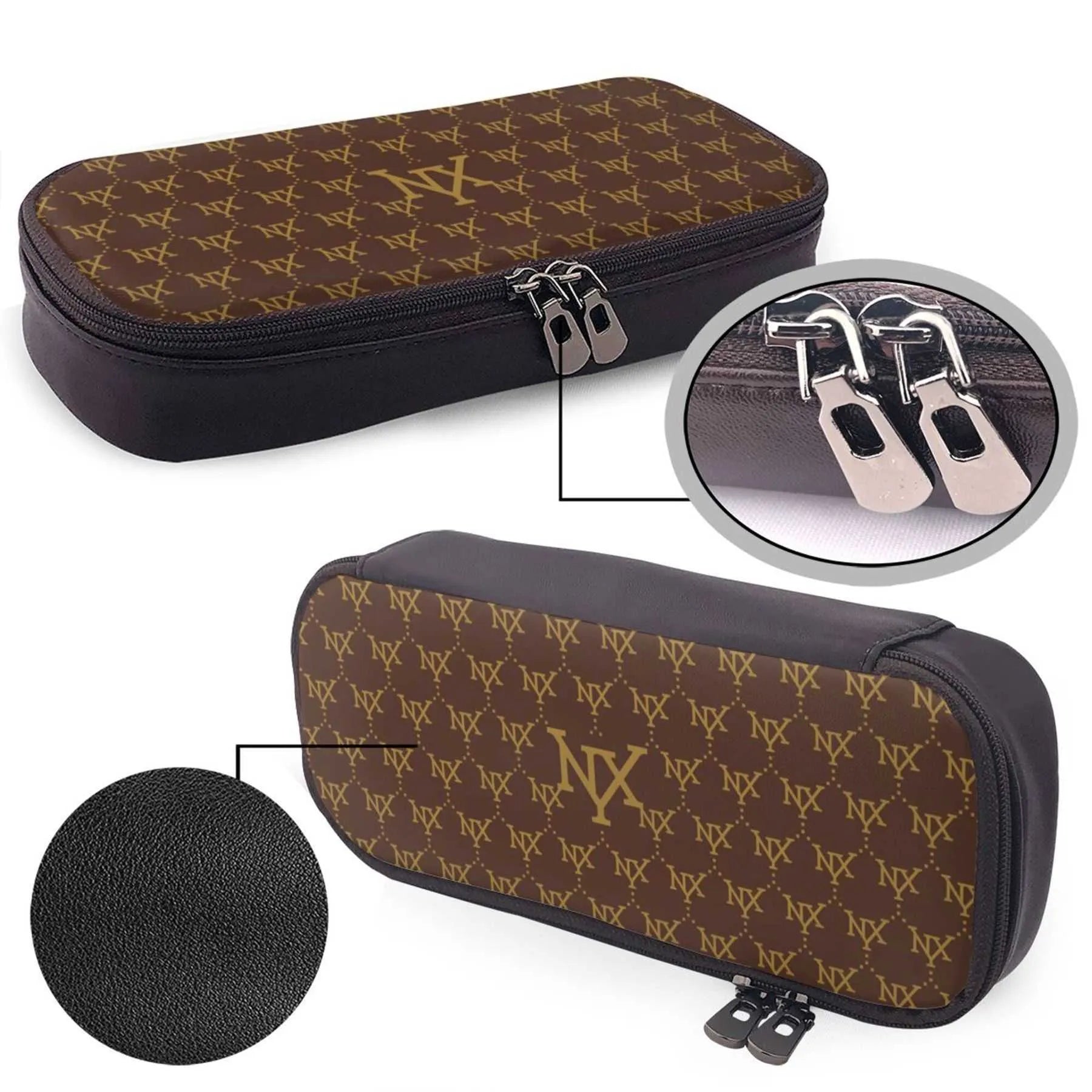 Designer cosmetic bag in brown color with zipper closure