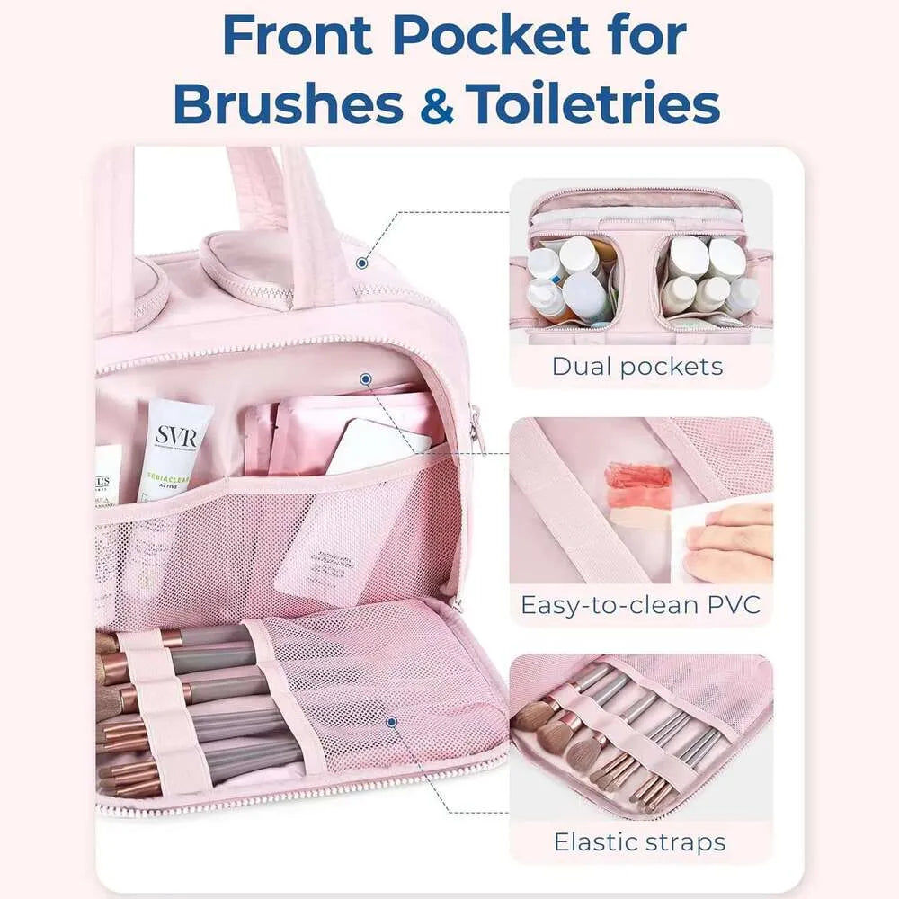 Large quilted toiletry organizer bag in pink color