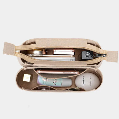 Coffee-colored handbag insert organizer showing interior storage layout