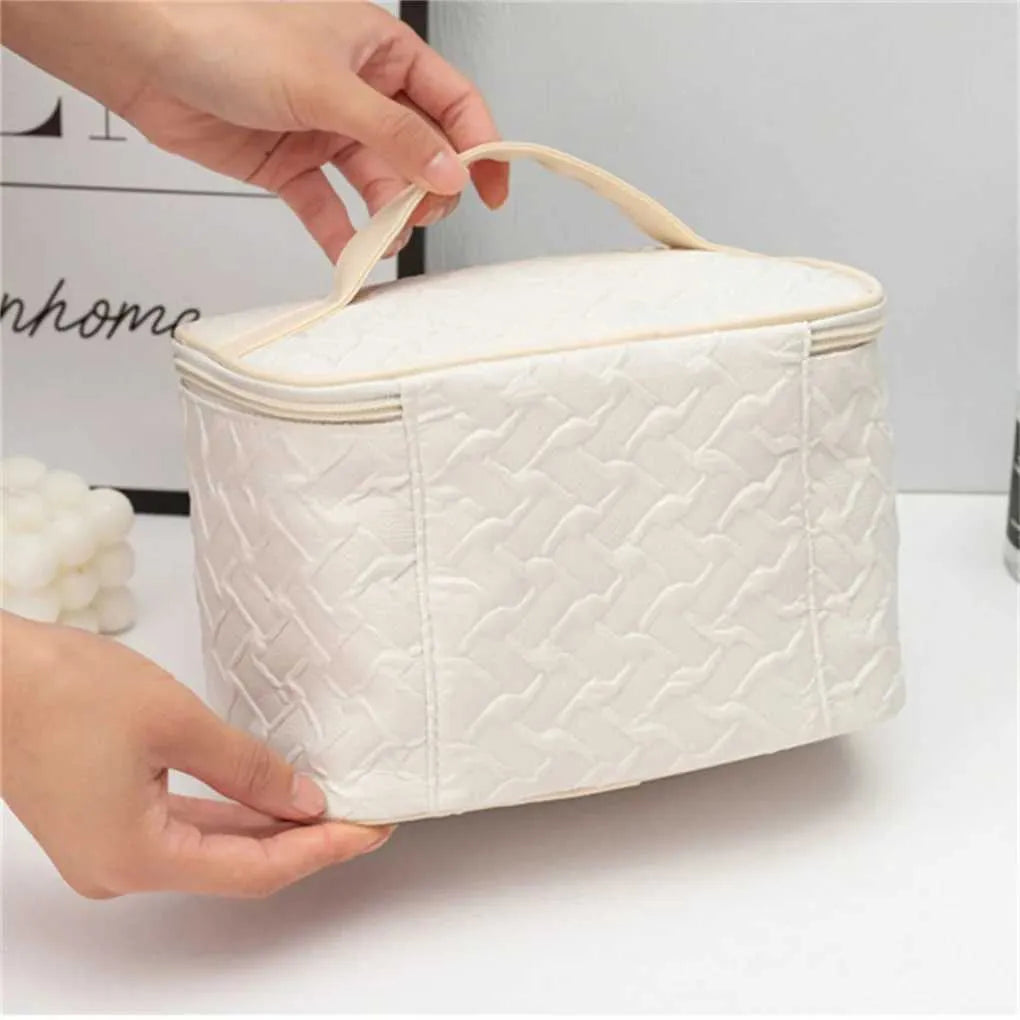 Side perspective of portable makeup bag showing handheld design