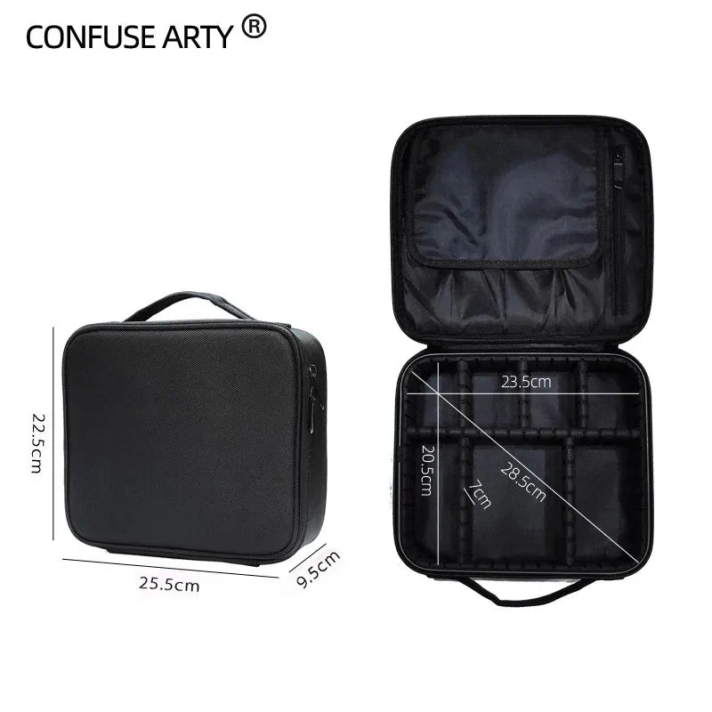 Waterproof makeup bag with brush compartment open showing interior organization