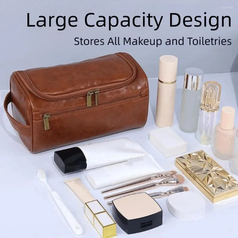 Toiletry bag with handle and hanging hook in brown color variant