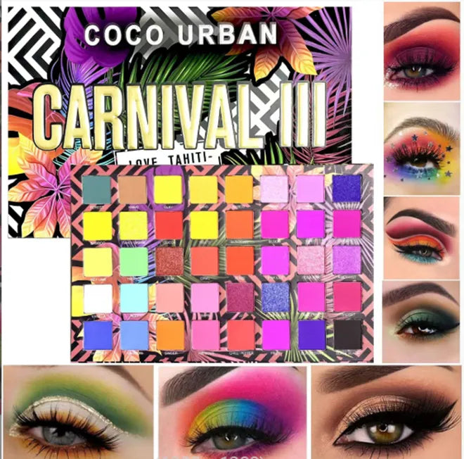 Close-up view of pigmented eyeshadow colors in palette