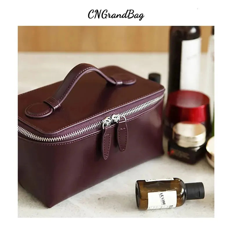 Side profile of makeup bag demonstrating waterproof construction and material texture
