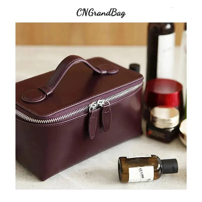 Side profile of makeup bag demonstrating waterproof construction and material texture
