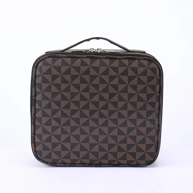 Side profile of the makeup bag with handheld strap visible