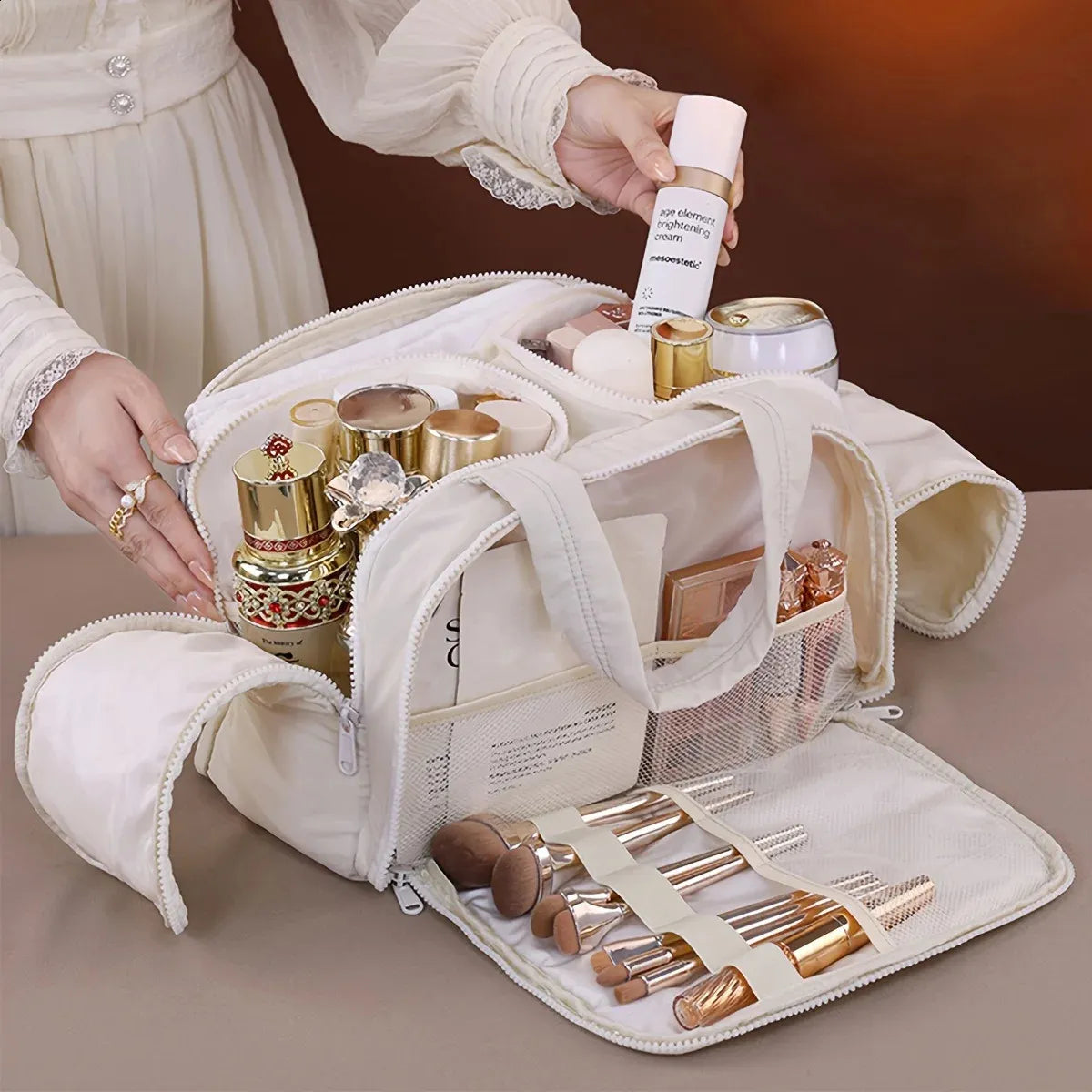 Interior view showing multiple compartments of the cosmetic storage bag