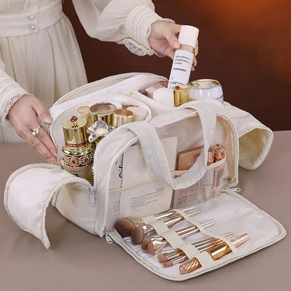 Interior view showing multiple compartments of the cosmetic storage bag