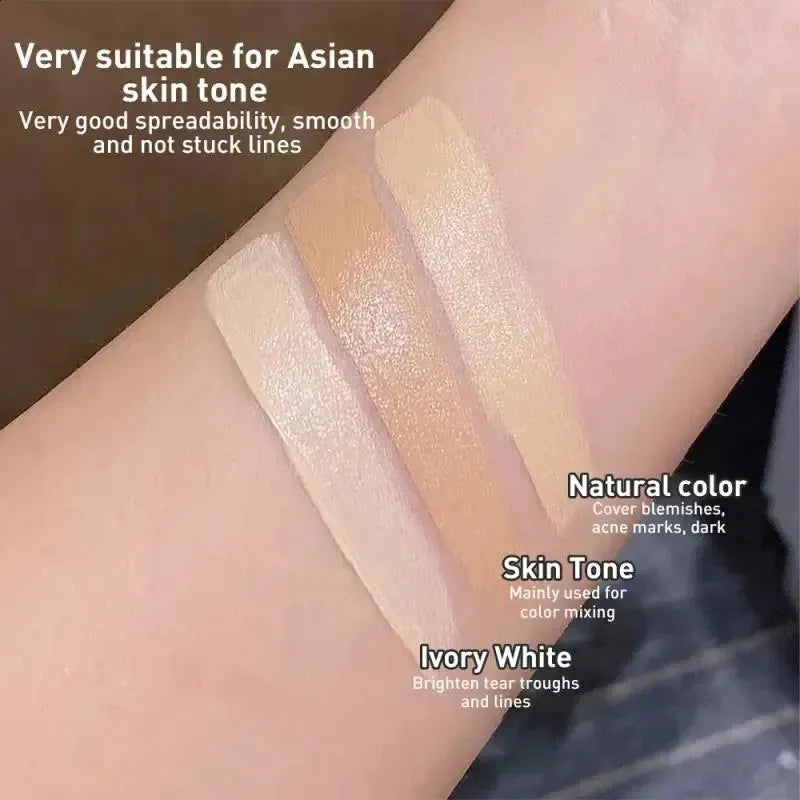 Open palette showing three different shades of concealer in a compact case