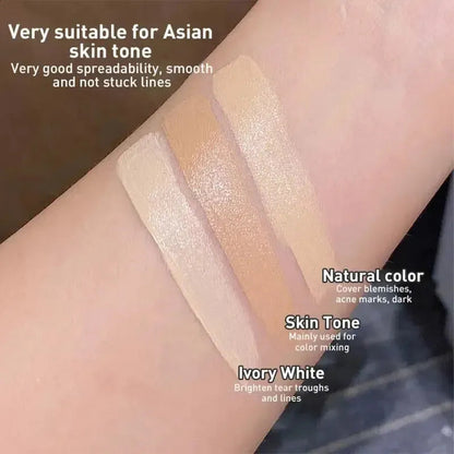 Open palette showing three different shades of concealer in a compact case
