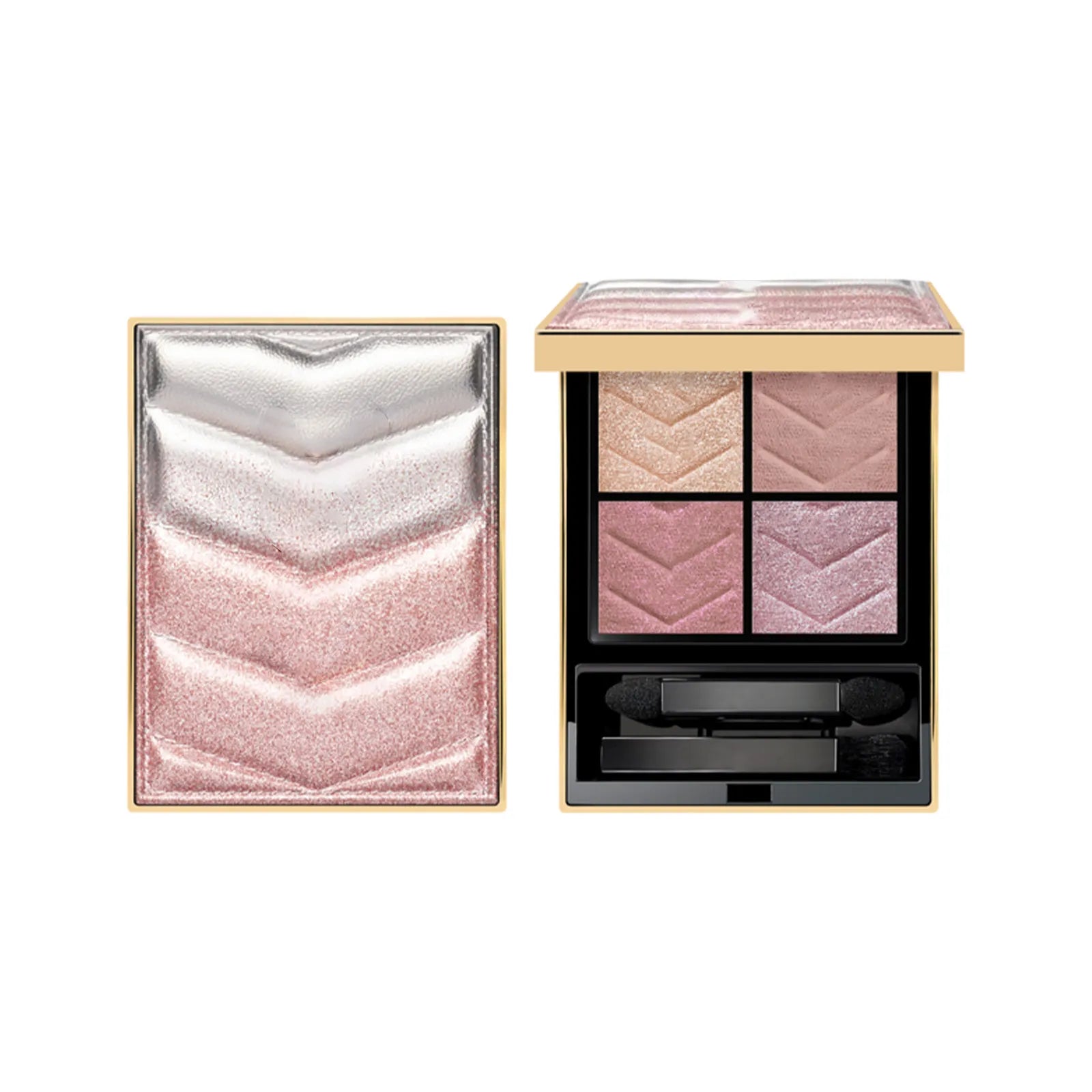 Four-color eyeshadow palette with pink star shimmer design showing matte and glitter finishes