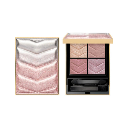 Four-color eyeshadow palette with pink star shimmer design showing matte and glitter finishes