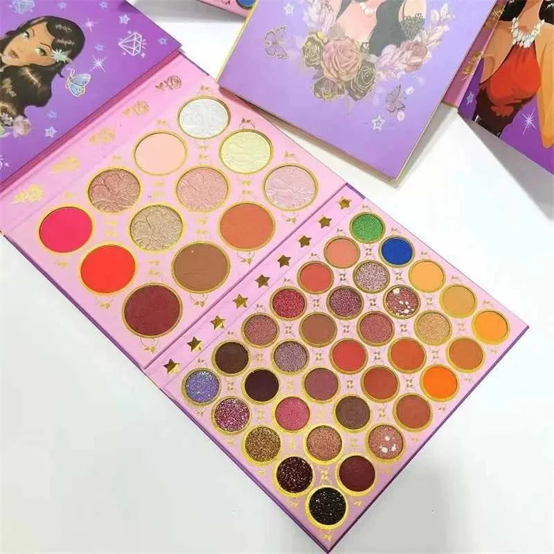 Palette displaying blush and highlight pigments alongside eyeshadow shades