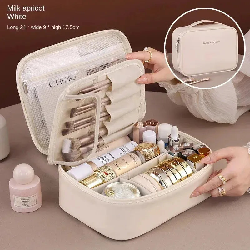 Side view of the cosmetic tote highlighting its sleek and portable design