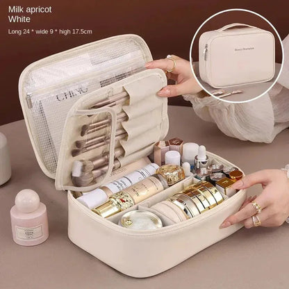 Side view of the cosmetic tote highlighting its sleek and portable design